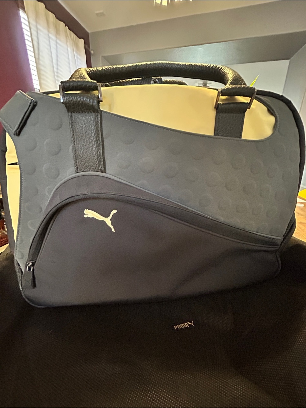 PUMA Grey Yellow Embossed Polka Dot Duffle Gym Travel Carry On Bag 20x9x14